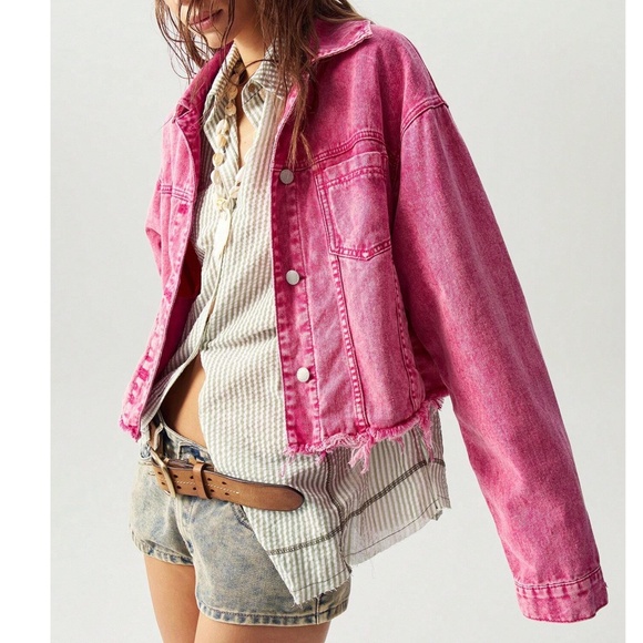 Hot Pink Mineral wash Frayed Hem Button Jean Denim Jacket - Picture 3 of 6